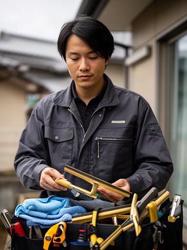 葛飾区の窓清掃現場で道具を確認する代表スタッフ